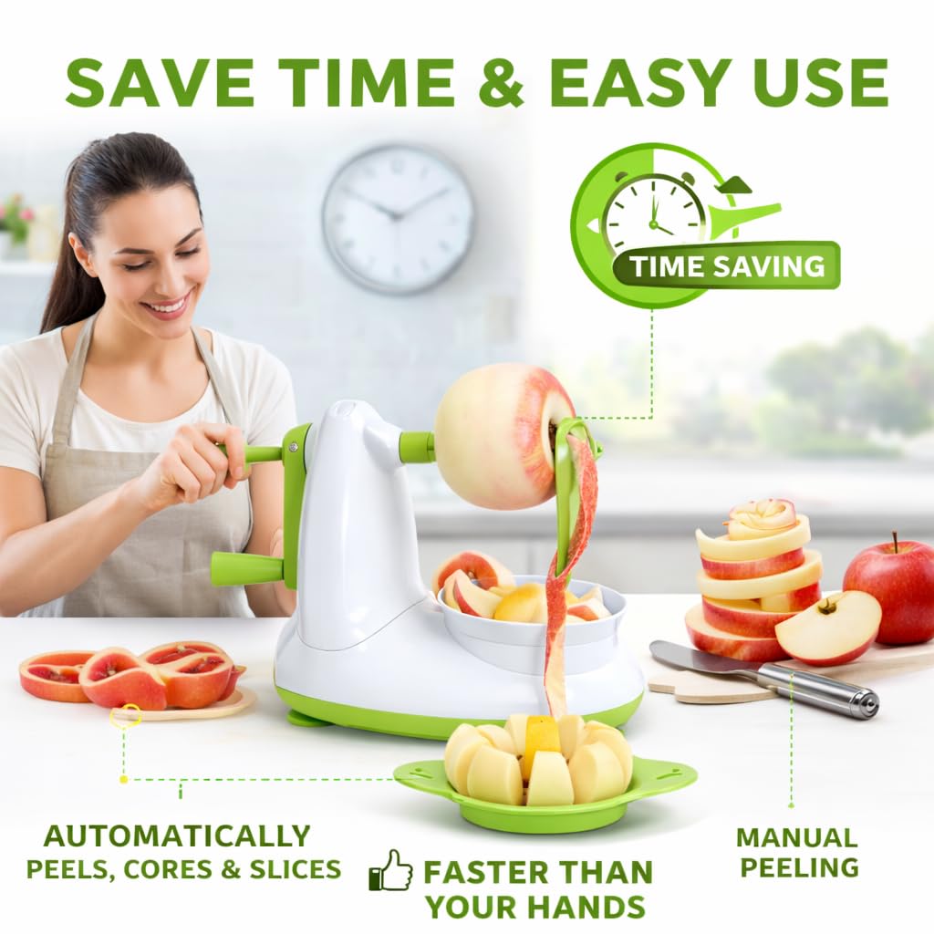 3-in-1 Apple Peeler, Slicer & Corer Machine | Stainless Steel Blades, Suction Base, Fast Fruit & Vegetable Cutter