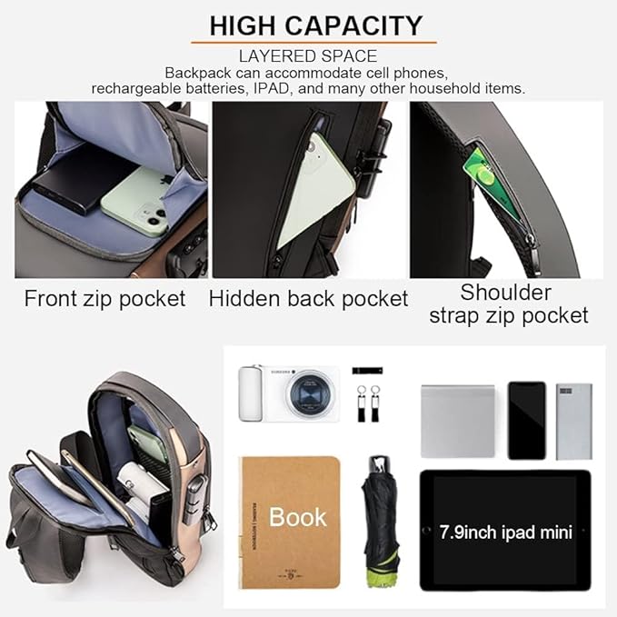 Anti-Theft Waterproof Crossbody Sling Bag for Men & Women | USB Charging | Password Lock | Travel Chest Backpack