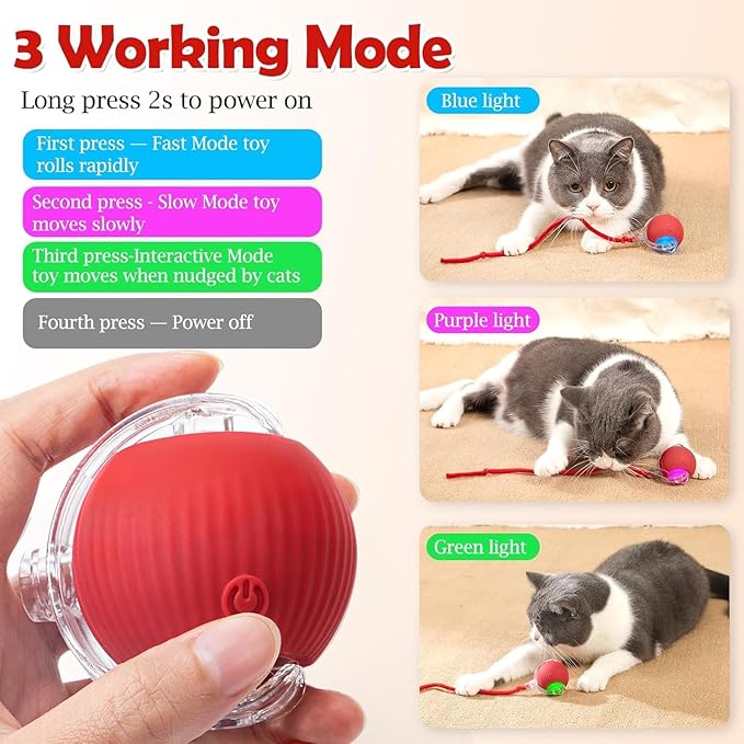 Smart Interactive Rolling Pet Ball – Auto-Moving LED Cat & Dog Toy | 360° Obstacle Avoidance, 3 Speed Modes, USB Rechargeable, Chirping Sound Play Ball