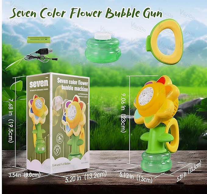 Sunflower Bubble Machine for Kids with Lights – Automatic Flower Bubble Gun Toy (Rechargeable, 20,000+ Bubbles/Min)